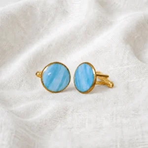 boutons de manchettes en porcelaine peinte à la main Bleu clair laiton doré