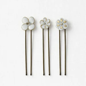 Superbe lot de 3 mini-barrettes Semis floral artisanales ornées de fleurs en porcelaine et or mat