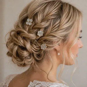 Lot de trois pics à chignon artisanaux ornés de fleurs en porcelaine et or fin, conçus pour sublimer les coiffures de mariage avec naturel.