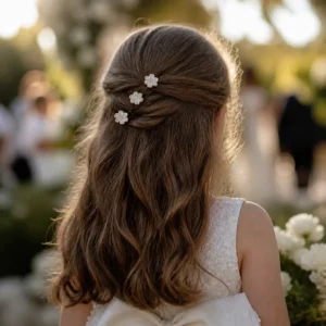 3 mini-barrettes Semis floral artisanales ornées de fleurs en porcelaine et or mat (lot) portée par une petite fille au mariage