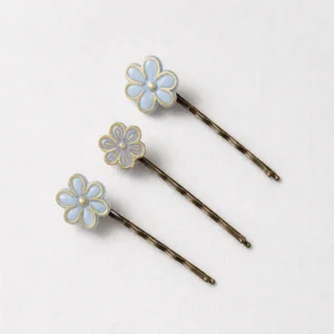 Superbe lot de 3 mini-barrettes Semis floral artisanales ornées de fleurs en porcelaine et or mat