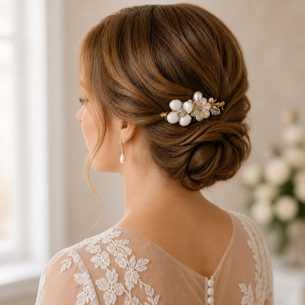 Peigne de mariage Camélia 1 ou 2 fleurs, porcelaine et Or 2 Un peigne de mariage artisanal composé de fleurs en porcelaine peintes à l'or, de feuillage en laiton doré et de perles pour une coiffure poétique.